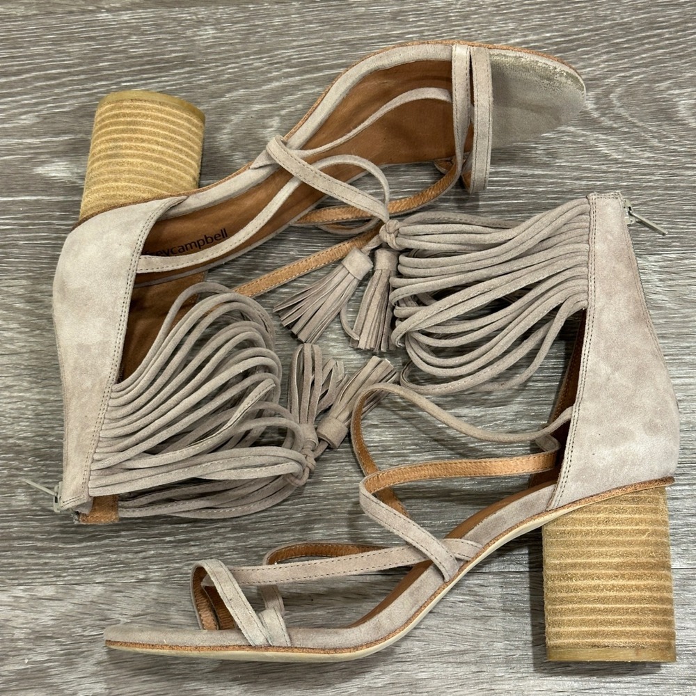 Jeffrey Campbell Despina Taupe Suede Strappy Tassel Block Heel 9.5 Boho Festival - Picture 4 of 12